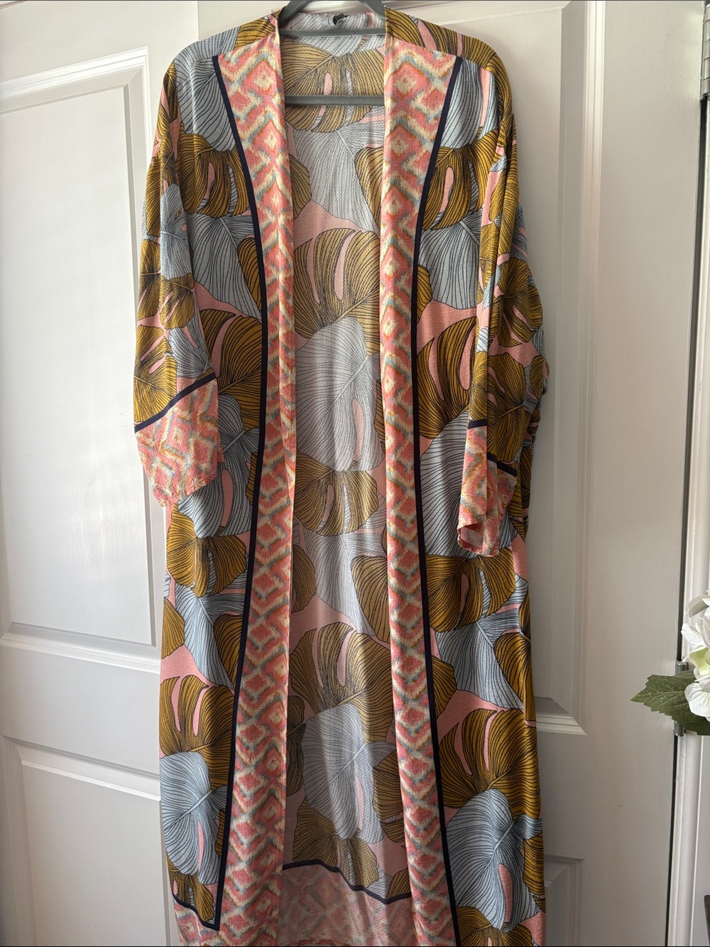 Printed Open-Front Kimono Jacket in Pink, Mustard & Gray